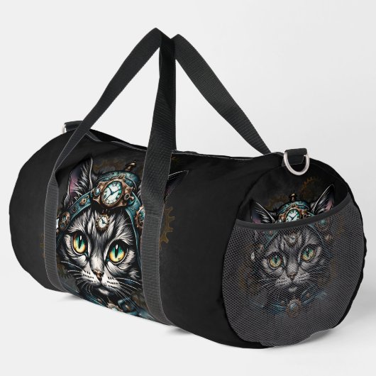 Niedliche Steampunkkatze mit Uhren und Gängen. Duffle Bag (Rechte Ecke)