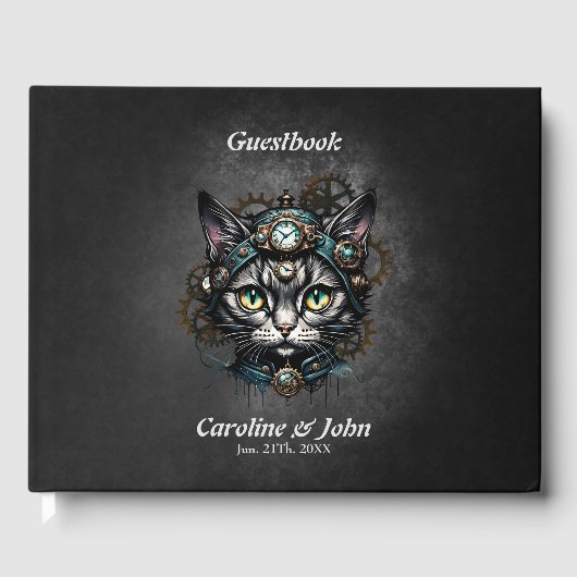 Niedliche Steampunkkatze mit Uhren und Gängen. Gästebuch (Vorderseite)