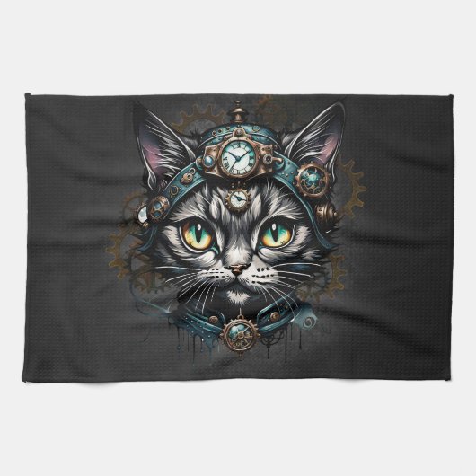 Niedliche Steampunkkatze mit Uhren und Gängen. Geschirrtuch (Horizontal)
