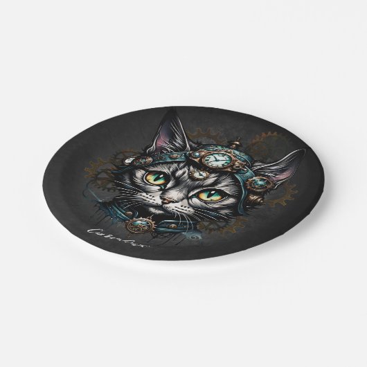 Niedliche Steampunkkatze mit Uhren und Gängen. Pappteller (Schrägansicht)