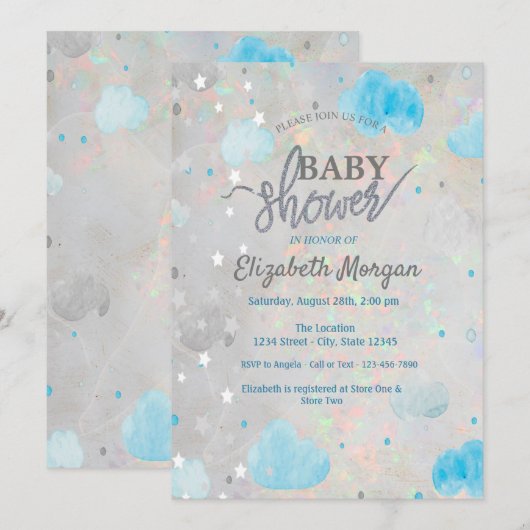 Niedliche Sterne & Clouds Holographic Opal Baby Du Einladung (Vorne/Hinten)