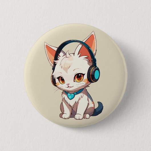 Niedliche, stilvolle Kitty in Kopfhörern Button (Vorderseite)