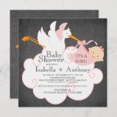 Niedliche Stork Chalkboard Gir Babydusche Einladung (Vorne/Hinten)