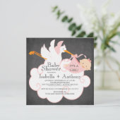 Niedliche Stork Chalkboard Gir Babydusche Einladung (Stehend Vorderseite)