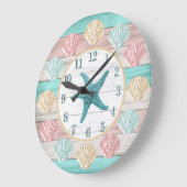 Niedliche Strandfarben mit Seashells Große Uhr (Winkel)