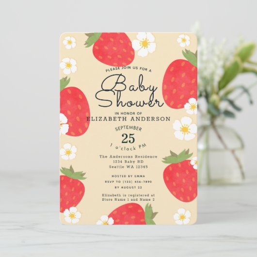 Niedliche Strawberry Girl's Baby Shower Einladung (Stehend Vorderseite)