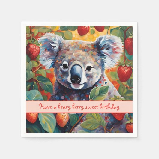 Niedliche Strawberry Koala Bear Geburtstagskarte Serviette (Vorderseite)