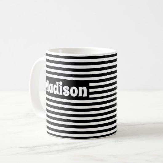 Niedliche Streifen Schwarz/Weiß Individuelle Name Kaffeetasse (Vorderseite Links)