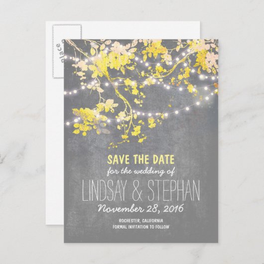 niedliche Stringleuchten rustikale Save the Date P Ankündigungspostkarte (Vorne/Hinten)