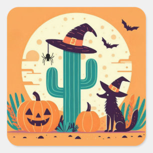 Niedliche, südwestliche Halloween-Wüste/Kakteen Quadratischer Aufkleber