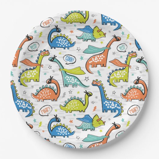 Niedliche Superhelden-Dinosaurier Pappteller (Vorderseite)