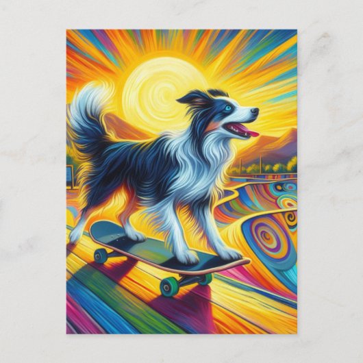 Niedliche Surreal Skateboarding Border Collie Postkarte (Vorderseite)