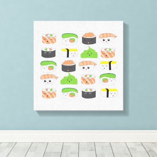 Niedliche Sushi Illustration im Kawaii-Stil Leinwanddruck (Insitu (Holzboden))