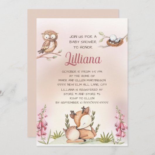 Niedliche süße kleine Waldtiere Hirschhuhn Einladung (Vorne/Hinten)