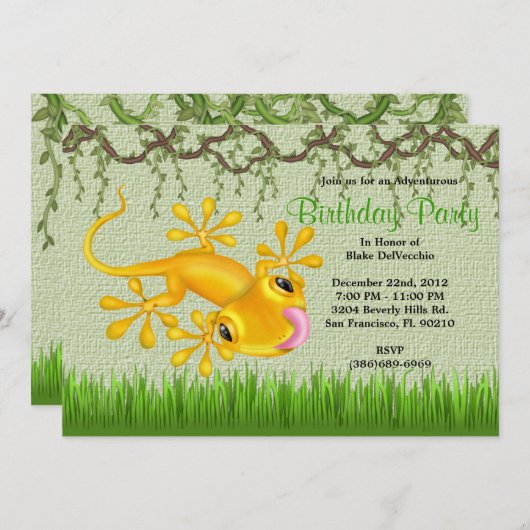 NIEDLICHE Süßgelbe Eidechsen Jungle Geburtstag Einladung (Vorne/Hinten)
