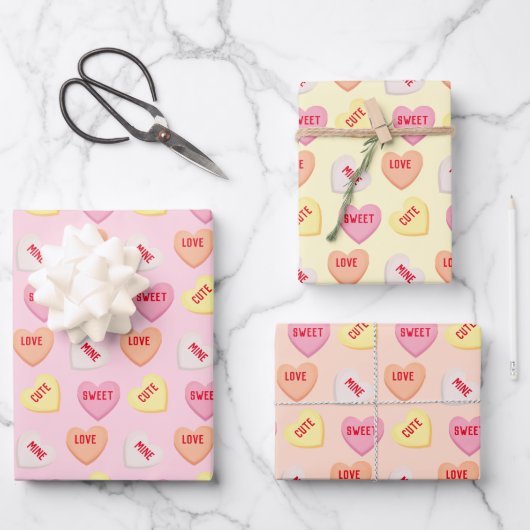 Niedliche Süßwarenherzen, bearbeitbar, rosa orange Geschenkpapier Set (Vorderseite)