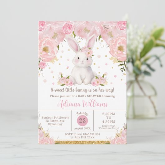 Niedliche Sweet Bunny Rabbit Pink Floral Baby Dusc Einladung (Stehend Vorderseite)