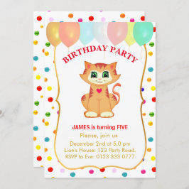 Niedliche Tabby Cat, Balloons und Confetti Geburts Einladung