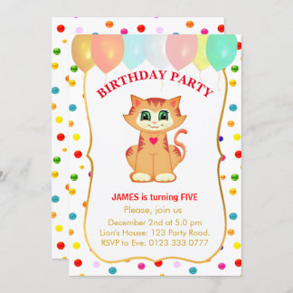 Niedliche Tabby Cat, Balloons und Confetti Geburts Einladung