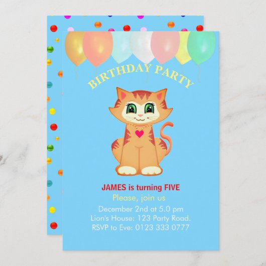 Niedliche Tabby Cat, Balloons und Confetti Geburts Einladung (Vorne/Hinten)