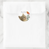 Niedliche Tabby Cat, Blume & Kleiner Vogel Danke C Runder Aufkleber (Tasche)