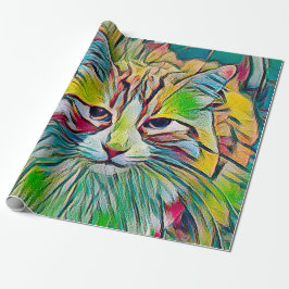 Niedliche Tabby Cat Farblich Abstraktes Grün Geschenkpapier