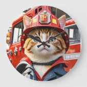 Niedliche Tabby-Katze im Firefighter Uniform Water Große Wanduhr (Vorderseite)