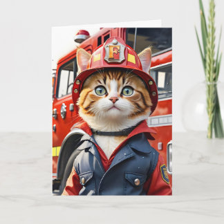 Niedliche Tabby-Katze im Firefighter Uniform Water Karte