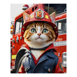 Niedliche Tabby-Katze im Firefighter Uniform Water Poster