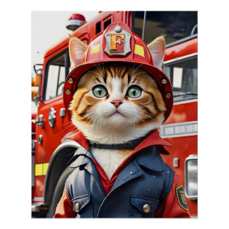 Niedliche Tabby-Katze im Firefighter Uniform Water Poster