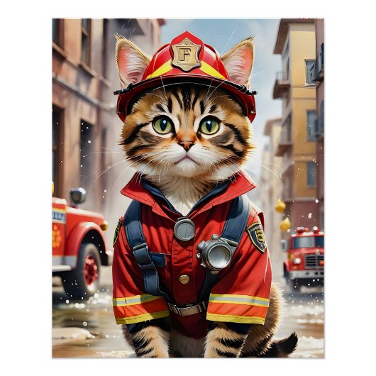 Niedliche Tabby-Katze im Firefighter Uniform Water Poster (Vorderseite)