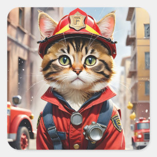Niedliche Tabby-Katze im Firefighter Uniform Water Quadratischer Aufkleber