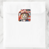Niedliche Tabby-Katze im Firefighter Uniform Water Quadratischer Aufkleber (Tasche)