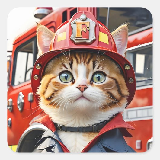 Niedliche Tabby-Katze im Firefighter Uniform Water Quadratischer Aufkleber (Vorderseite)