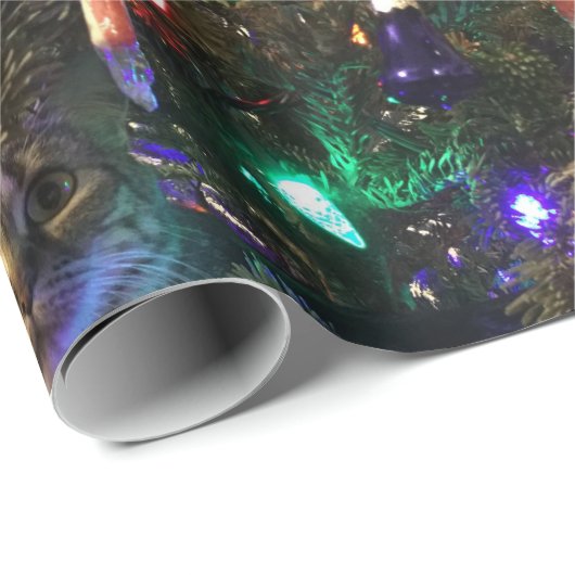 Niedliche Tabby-Katze im Weihnachtsbaum Geschenkpapier (Rolleneckpunkt)