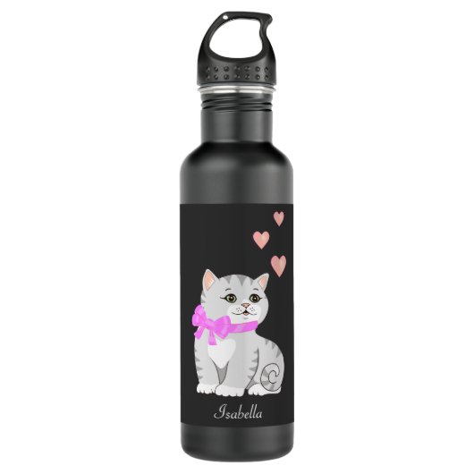 Niedliche Tabby Katze und Herz auf schwarz Edelstahlflasche (Vorderseite)