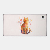 Niedliche Tablettenkatze mit Herz-Monogramm Schreibtischunterlage (Vorderseite)