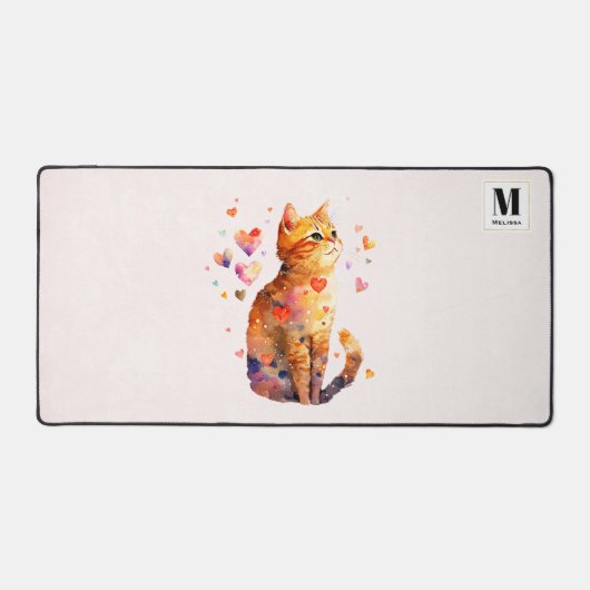 Niedliche Tablettenkatze mit Herz-Monogramm Schreibtischunterlage (Vorderseite)