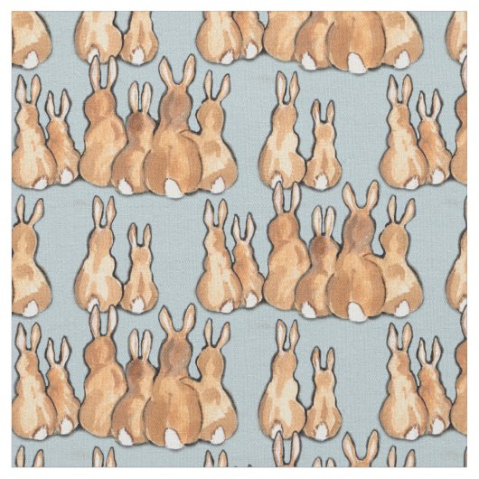 Niedliche Tan Bunny Rabbits auf blauem Hintergrund Stoff (Nahaufnahme)
