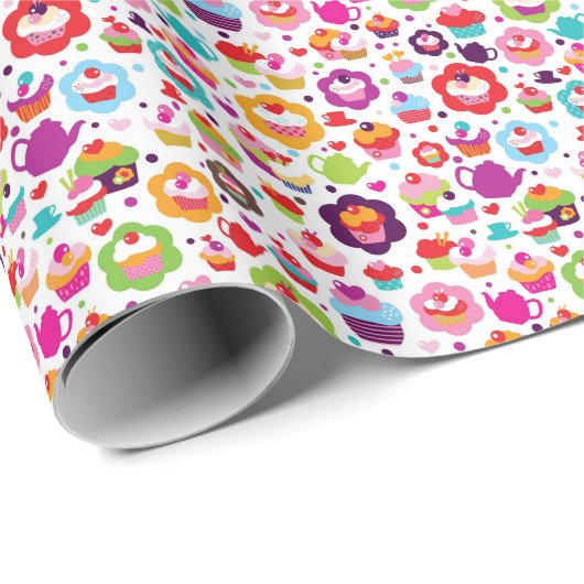 Niedliche Tasse Kuchen und Teekanne Geschenkpapier (Rolleneckpunkt)