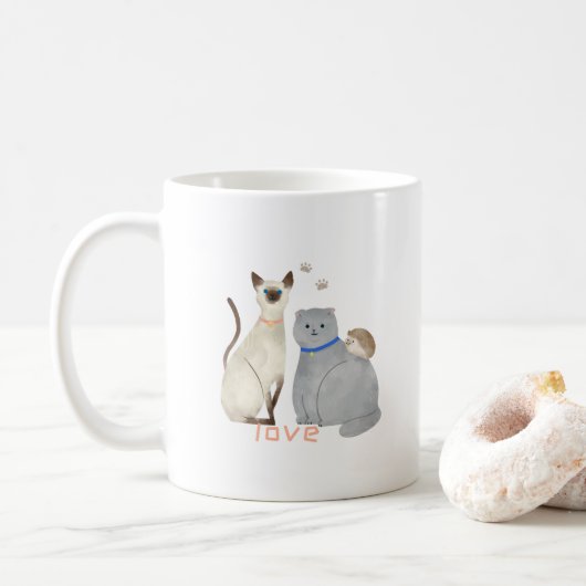 Niedliche Tasse mit Katzen und Igel: Liebe (Mit Donut)