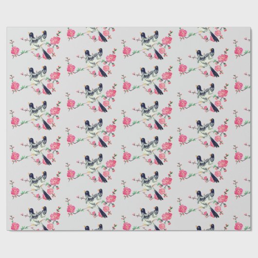 Niedliche Taubenvögel Schwarz Graurosa Blume Geschenkpapier (Flach)