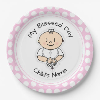 Niedliche Taufe 9" Plate - Baby Girl mit Rosary Pappteller