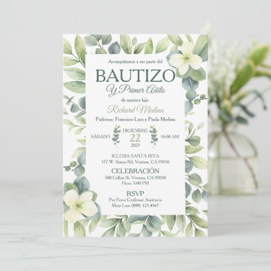Niedliche Taufe und Grüne Blätter zum ersten Gebur Einladung (Stehend Vorderseite)