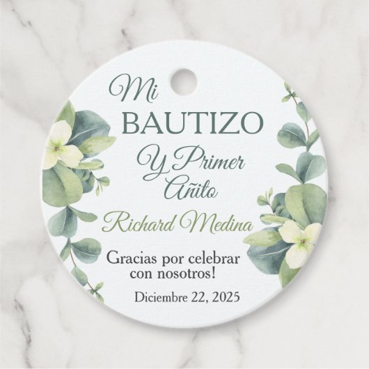 Niedliche Taufe und Grüne Blätter zum ersten Gebur Geschenkanhänger (Vorderseite)
