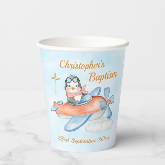 Niedliche Taufe Watercolor Baby Penguin Flugzeug Pappbecher (Rückseite)
