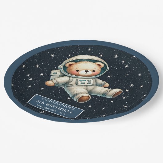 Niedliche Teddy Astronauten Babydusche Papierplatt Pappteller (Schrägansicht)