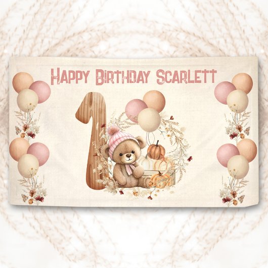 Niedliche Teddy Bar Fall Girl Pink Beary 1. Geburt Banner