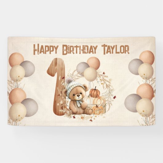 Niedliche Teddy Bar Fall Pumpkins Bear 1. Geburtst Banner (Horizontal)