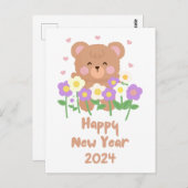 Niedliche Teddy Bären Blume Neues Jahr Postkarte (Vorne/Hinten)